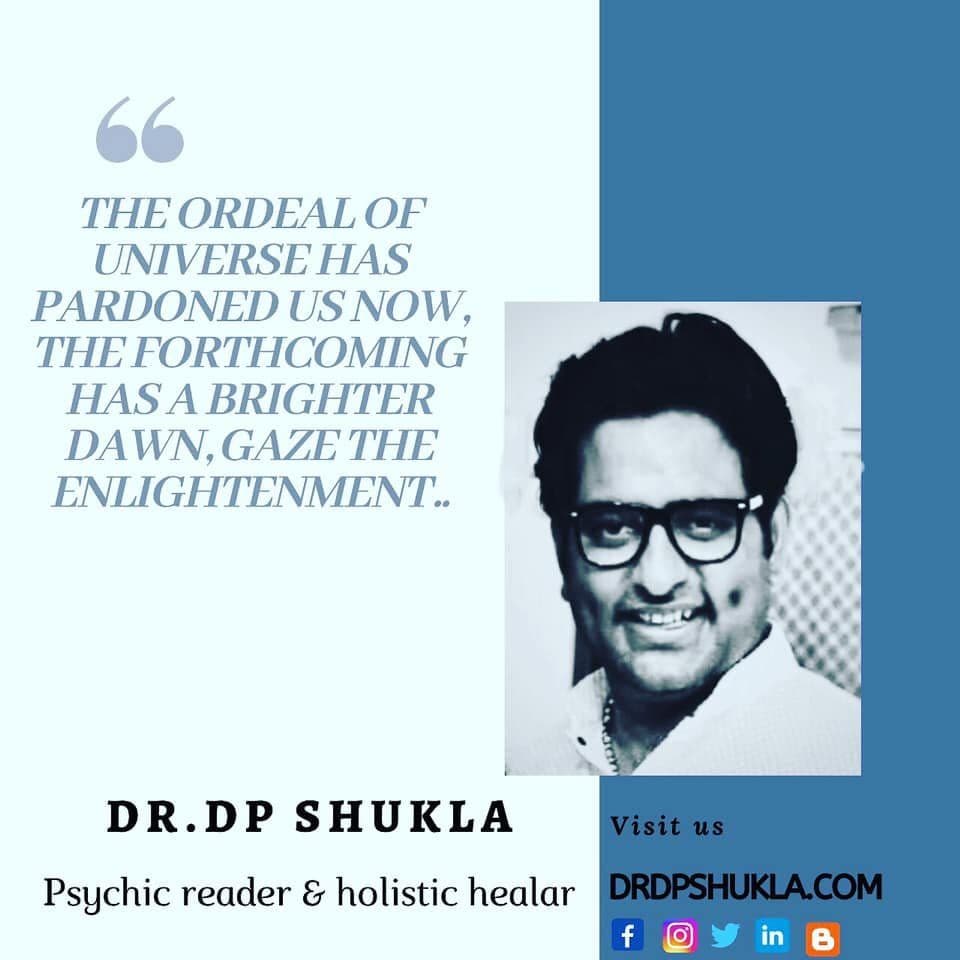 Poster with a portrait of Dr. D.P. Shukla, psychic reader and holistic healer, and a verse about a brighter dawn and enlightenment