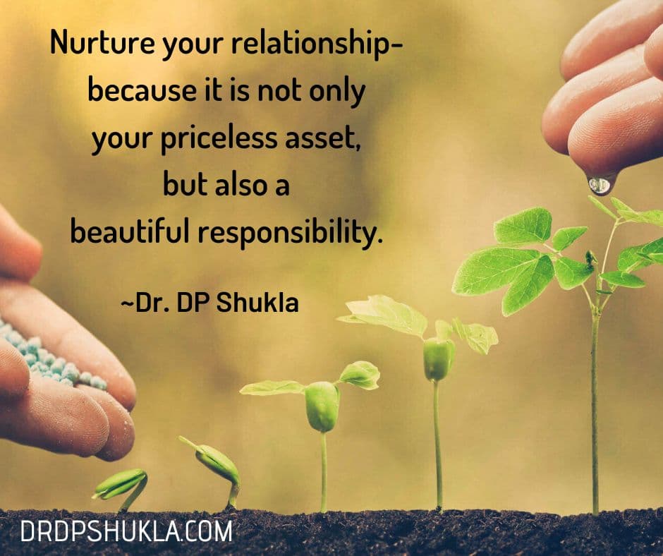 Quote card of a hand watering seedlings: “Nurture your relationship, because it is not only your priceless asset, but also a beautiful responsibility.”