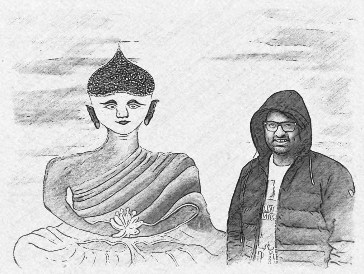 Pencil sketch of Dr. D.P. Shukla in a hoodie beside a drawing of the Buddha